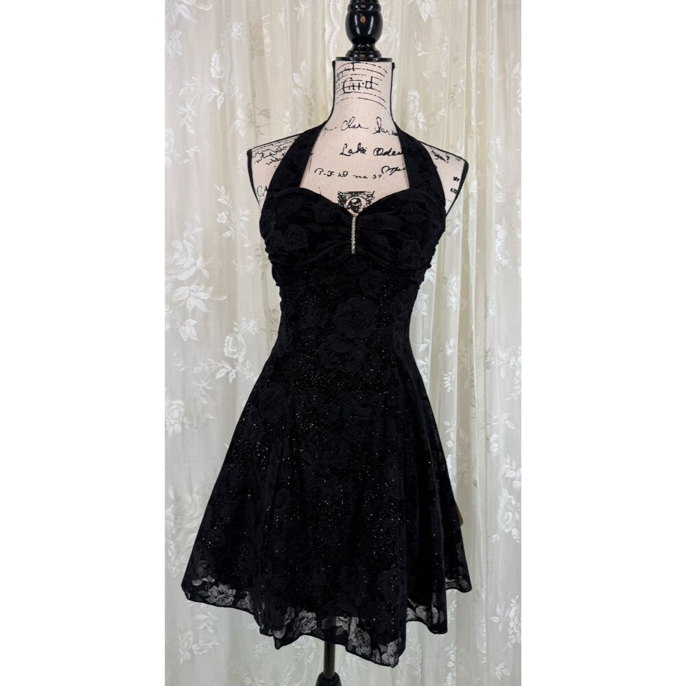 Vintage 90s Zum Zum Black Prom Homecoming Halter Dress 3/4 NWT USA Sparkle Flock